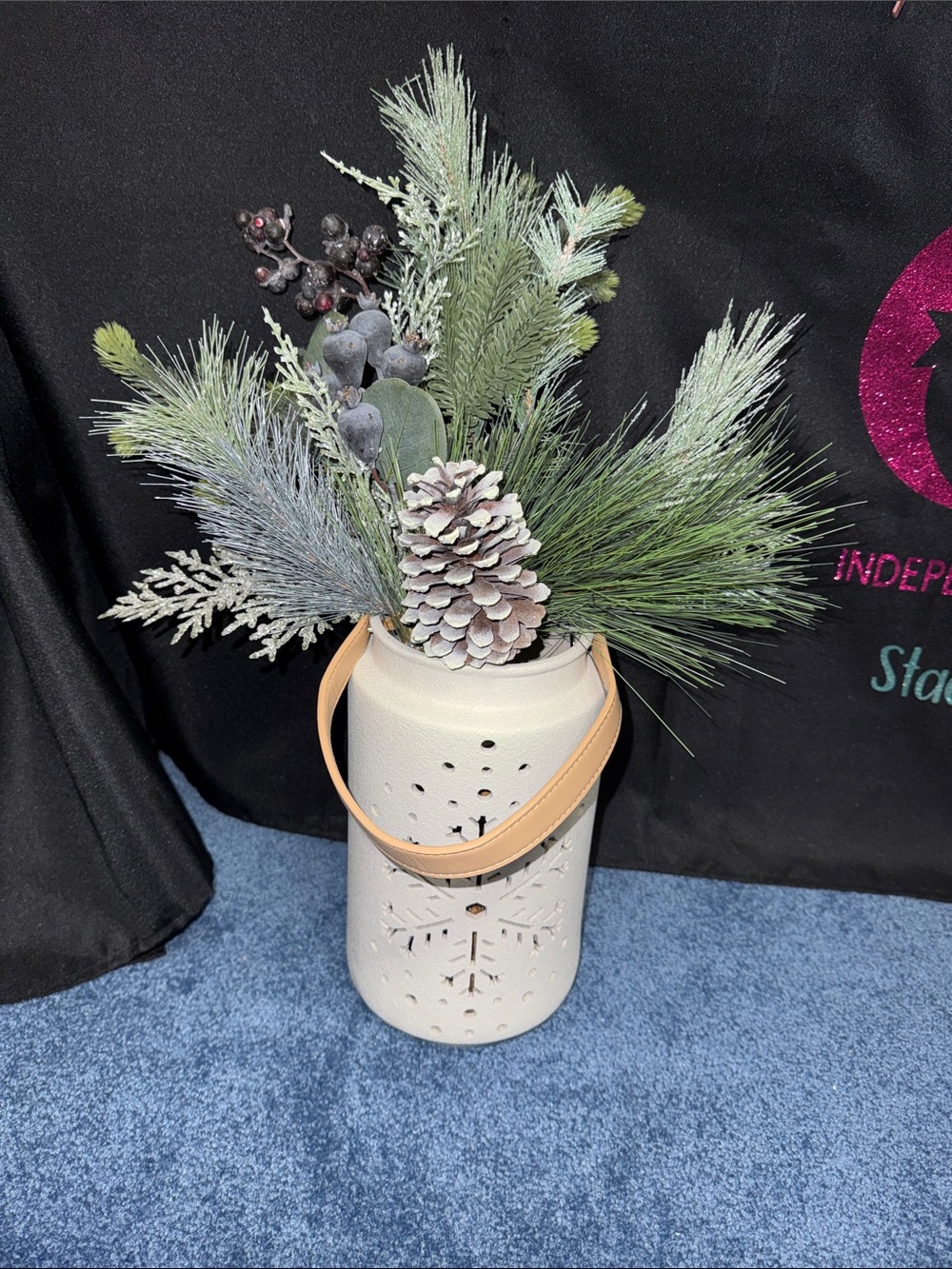 Neutral White Lantern Vase with Frosted Pine Arrangement